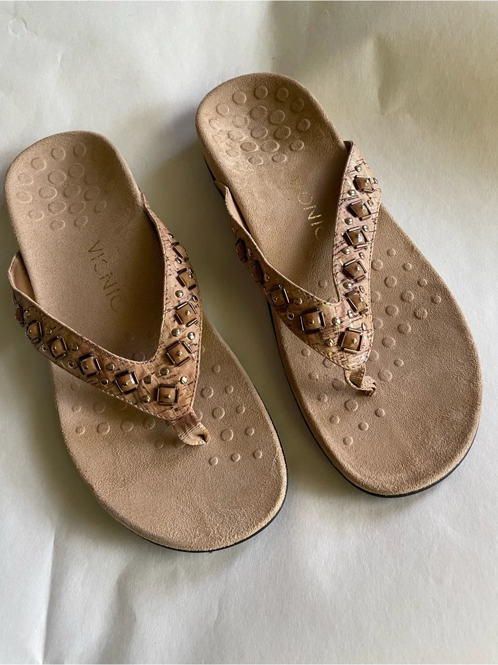 Vionic Tan Beaded Thong Sandals - Neutral Embellished Flip Flops